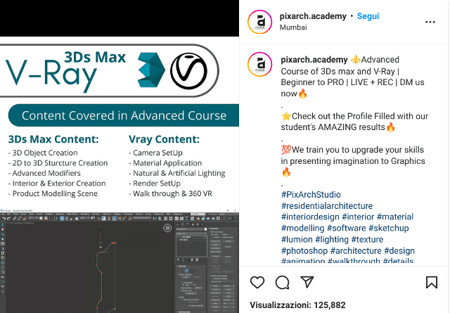 vendita di un corso di modellazione 3D su instagram da parte del profilo "pixarch.academy"