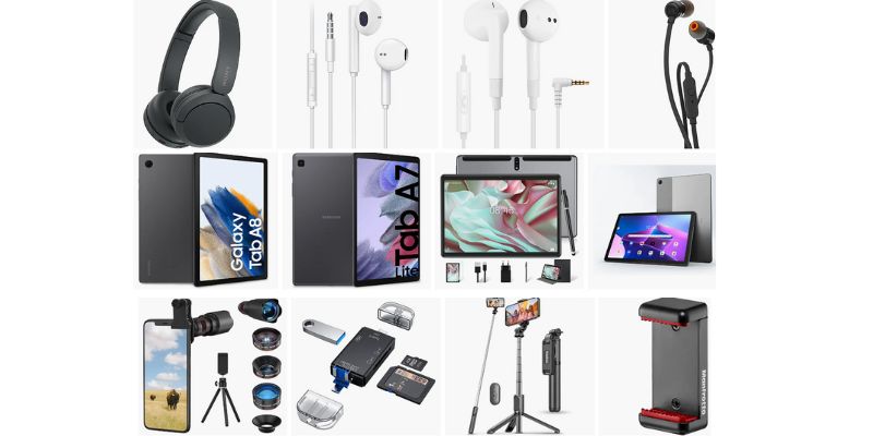 rappresentazione dei prodotti amazon tra cui: cuffie, tablet e accessori per smartphone più venduti su amazon