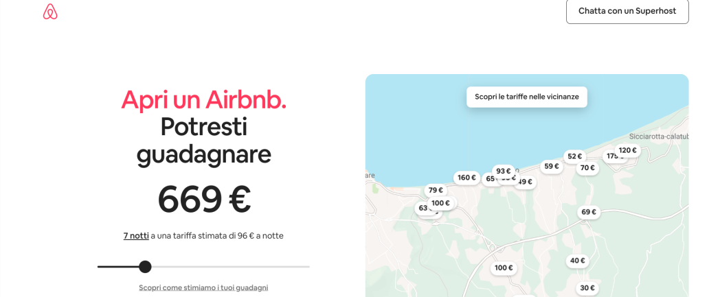 schermata del sito di airbnb per affittare casa e guadagnare