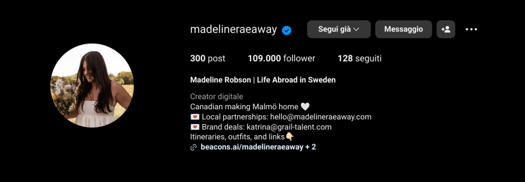 madeline ha messo una call-to-action nella sua bio di Instagram per attivare partnership con i brand