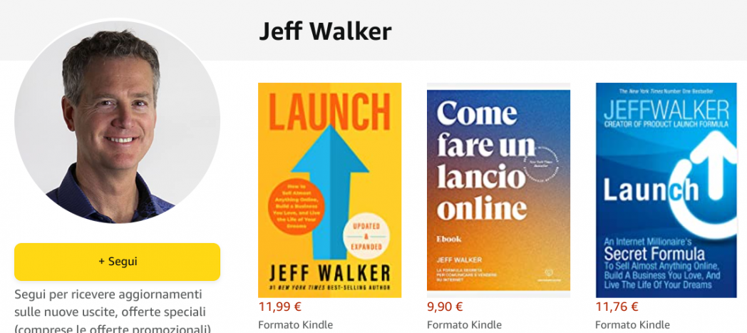 screenshot della pagina amazon dell'autore jeff walker con i suoi libri di successo