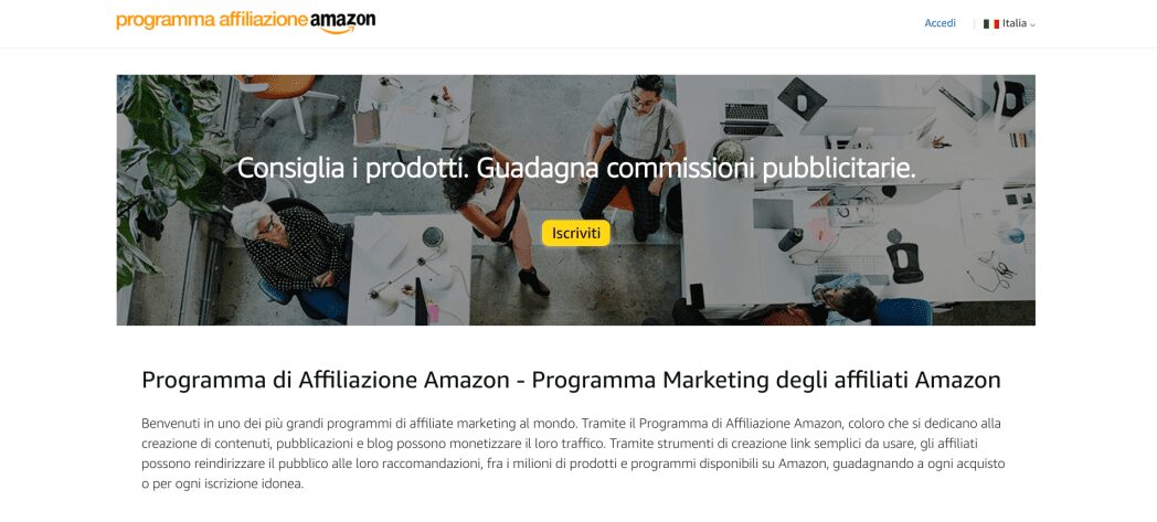 home page principale del programma affiliazione di amazon per iscriversi o accedere