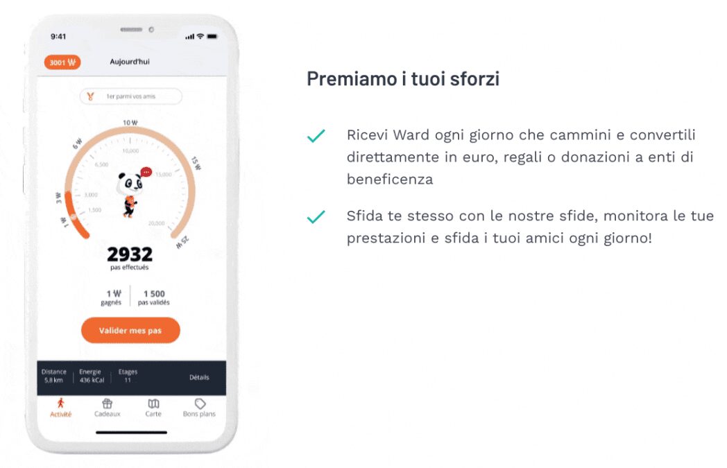 spiegazione di weward con un telefono con l'app weward aperta con i contapassi a 2032 passi