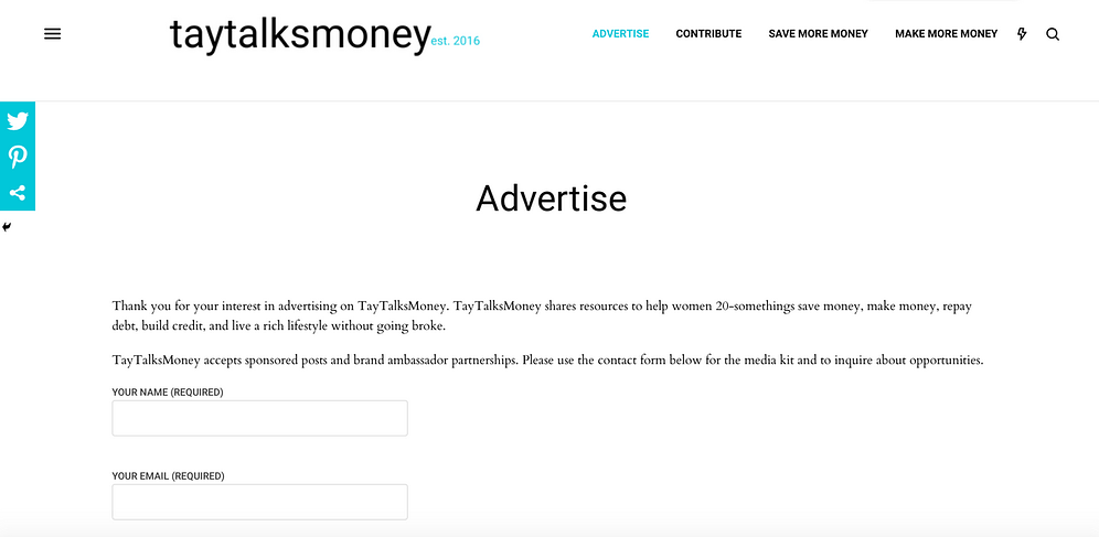 richiesta di blog sponsorizzati su TayTalksMoney