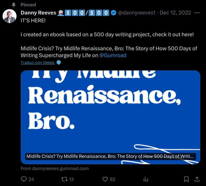l'utente Danny Reeves promuove e vende il suo libro attraverso Twitter