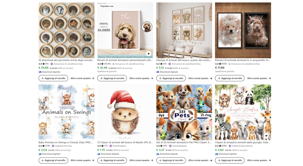 Uno screenshot dei risultati della ricerca Etsy per "immagini digitali di animali carini".