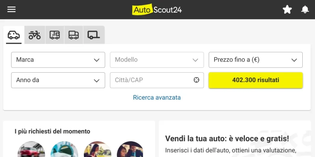 Autoscout24, piattaforma di vendita online di auto