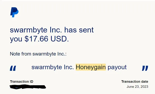 Prova di pagamento Honeygain su PayPal